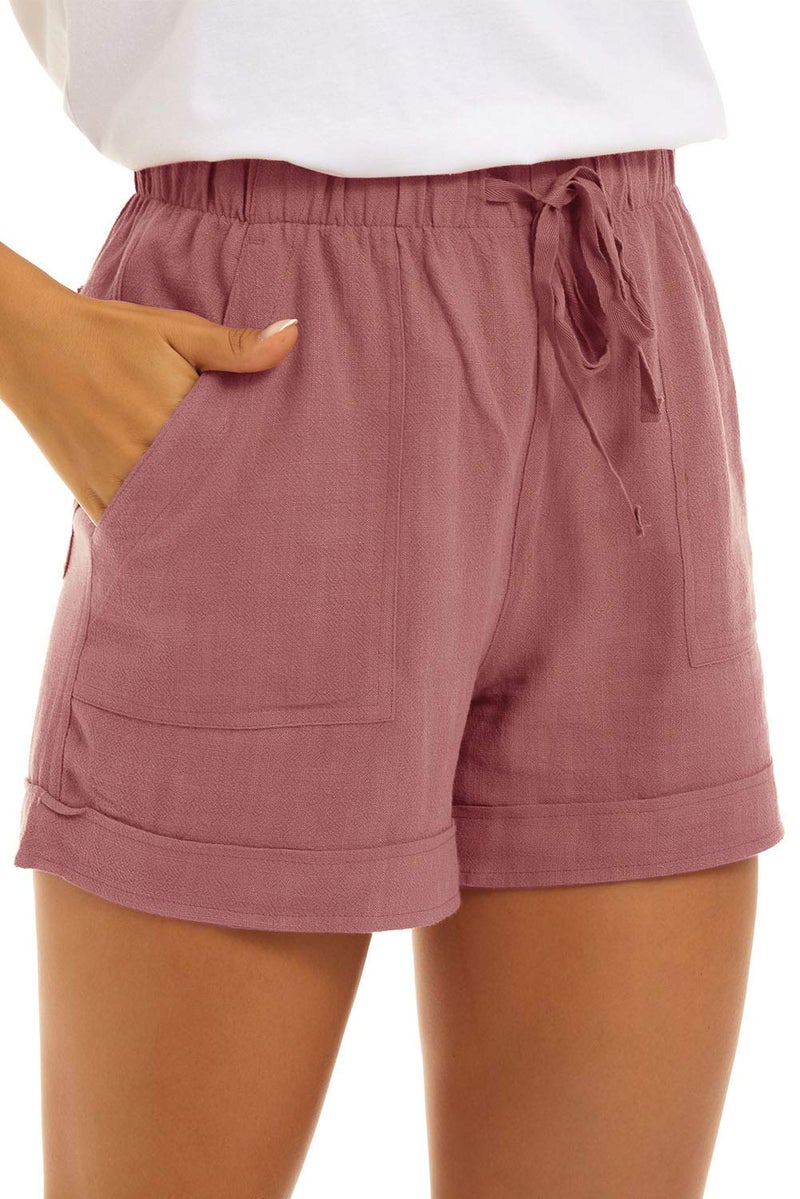 KINGFEN Women Shorts Womens Cozy Elastic Waist Comfy Drawstring Pull On Linen Beach Shorts for Big Thighs with Pockets Casual Drawstring Summer Lounge Cotton Short Dark Pink X-Large - Image 1